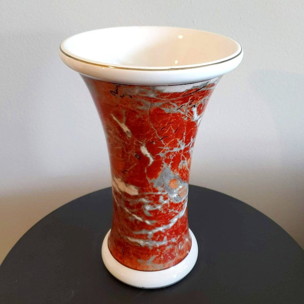 Handmade Italian Vase, Florentine Ceramics, Red Marble Glaze, Gold Rim, Italy